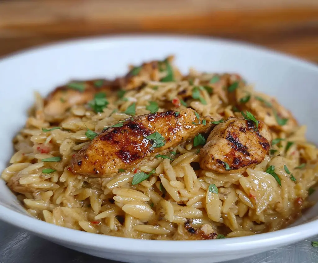 Creamy Cajun Chicken Alfredo Orzo served with seasoned chicken and pasta.
