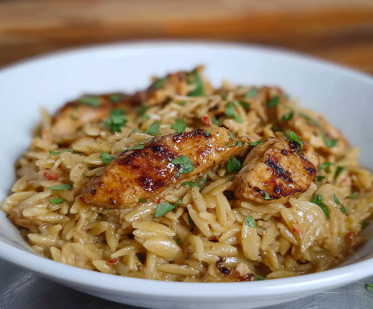 Creamy Cajun Chicken Alfredo Orzo served with seasoned chicken and pasta.