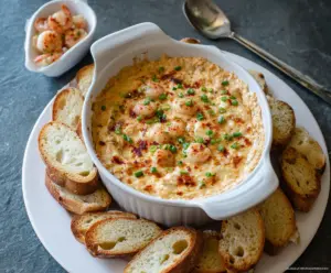 Creamy Cajun Shrimp Dip with fresh herbs served in a bowl for appetizer or party snack.
