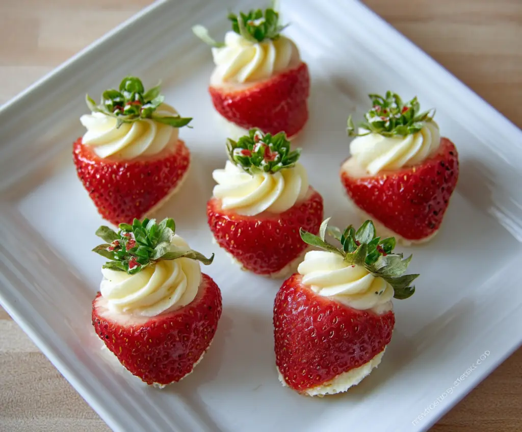 Delicious cheesecake stuffed strawberries topped with whipped cream and chocolate drizzle.