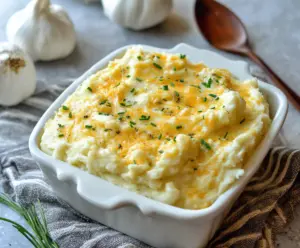 Creamy cheesy garlic mashed potatoes in a bowl, perfect for a comforting meal