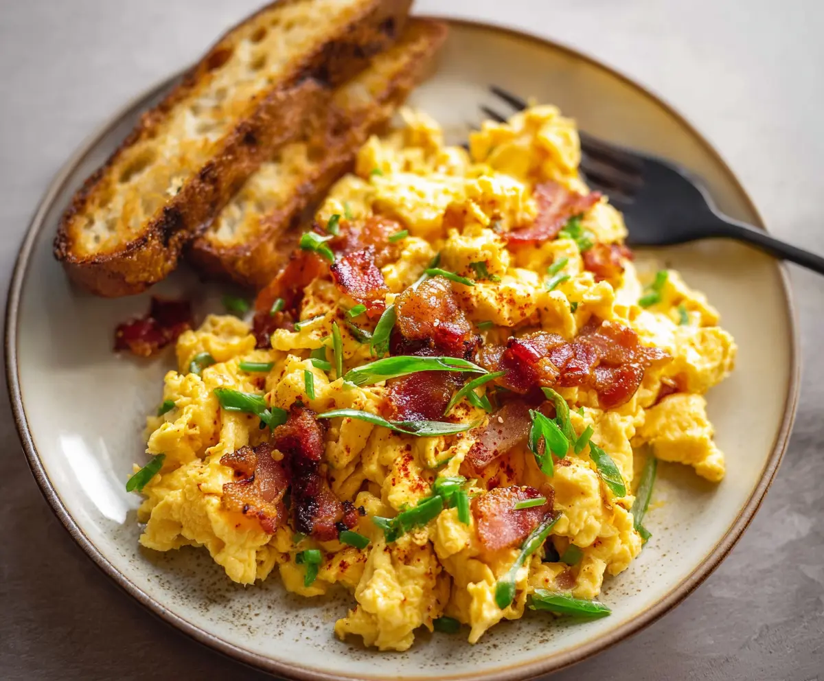 Delicious cheesy scrambled eggs topped with crispy bacon on a breakfast plate.