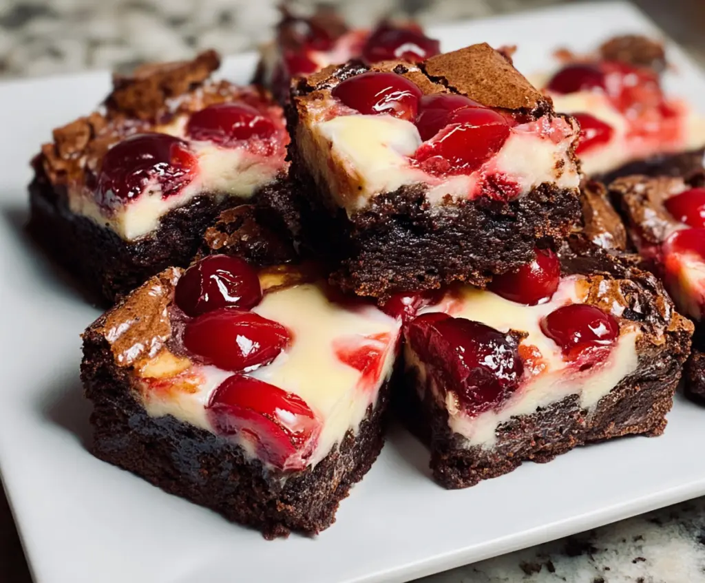 Delicious Cherry Cheesecake Brownies topped with fresh cherries and creamy cheesecake filling.