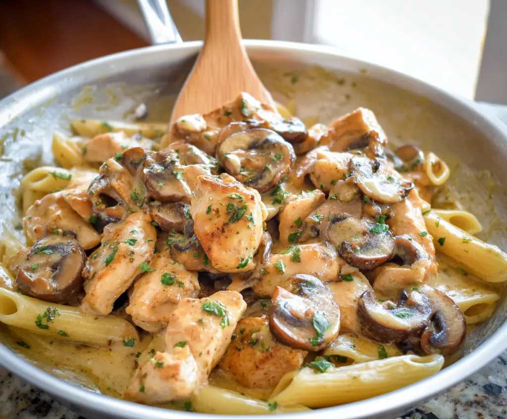 Delicious creamy chicken and mushroom pasta dish served on a plate.