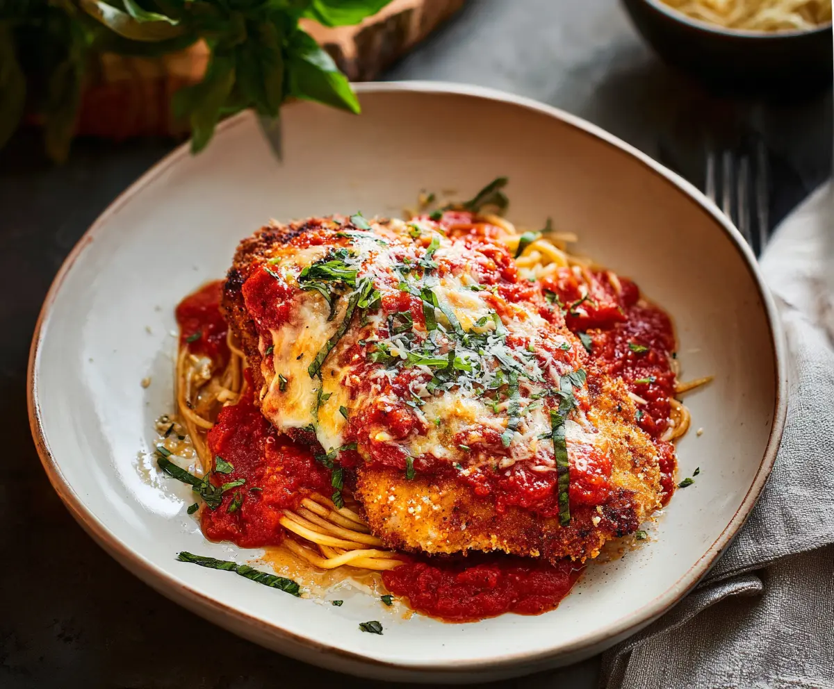 Delicious Chicken Parmesan with golden-brown breaded chicken topped with marinara sauce and melted cheese on a plate.