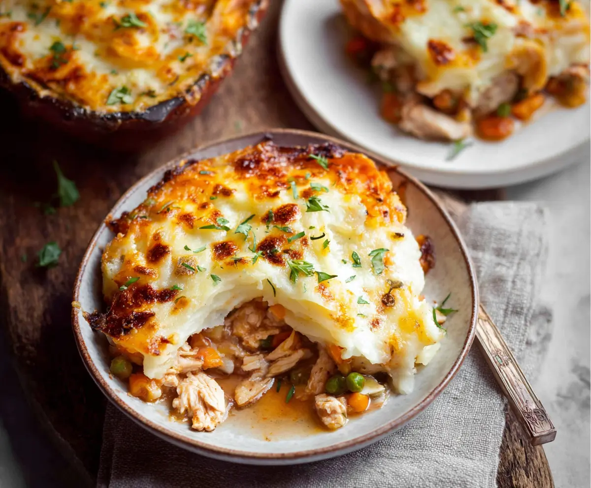 Delicious Chicken Shepherd's Pie with golden mashed potato topping and tender chicken filling.