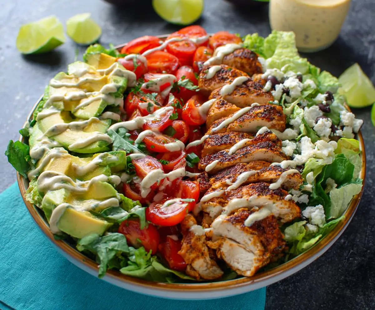 Delicious Chipotle Lime Chicken Salad in a bowl, garnished with fresh herbs and lime wedges