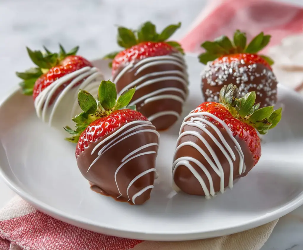 Delicious chocolate-covered strawberries on a white plate, perfect for sharing during special occasions.