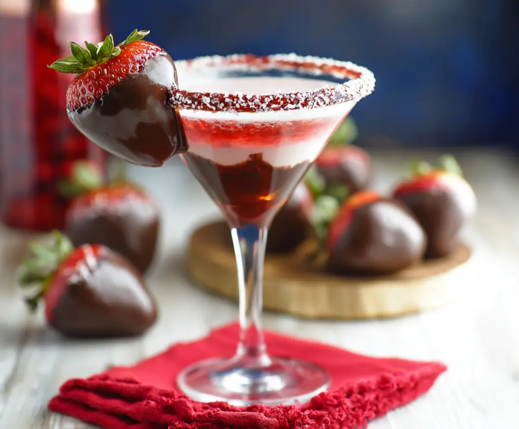 Delicious Chocolate Covered Strawberry Martini with fresh strawberries and rich chocolate coating.