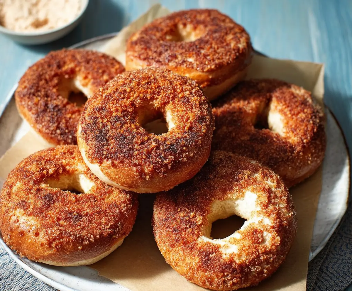 Delicious cinnamon sugar crunch bagels with a golden, crispy exterior and a sweet, cinnamon-spiced aroma.