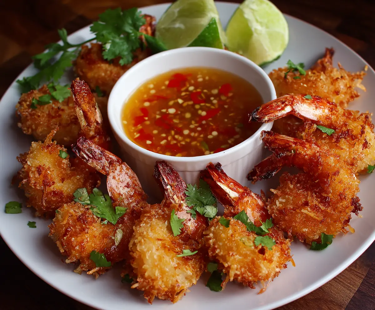 Crispy coconut shrimp served with a vibrant orange chili dipping sauce on a white plate.