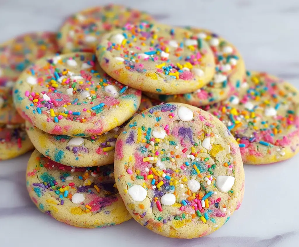 Colorful confetti cookies with rainbow sprinkles on a plate, perfect for celebrations and festive occasions.