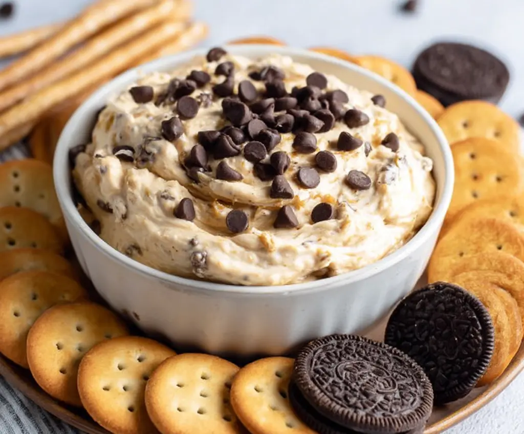 Creamy Cookie Dough Dip served with cookies and snacks, perfect for parties and gatherings.