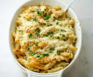 Creamy Cottage Cheese Alfredo Pasta Bake topped with golden cheese and herbs.