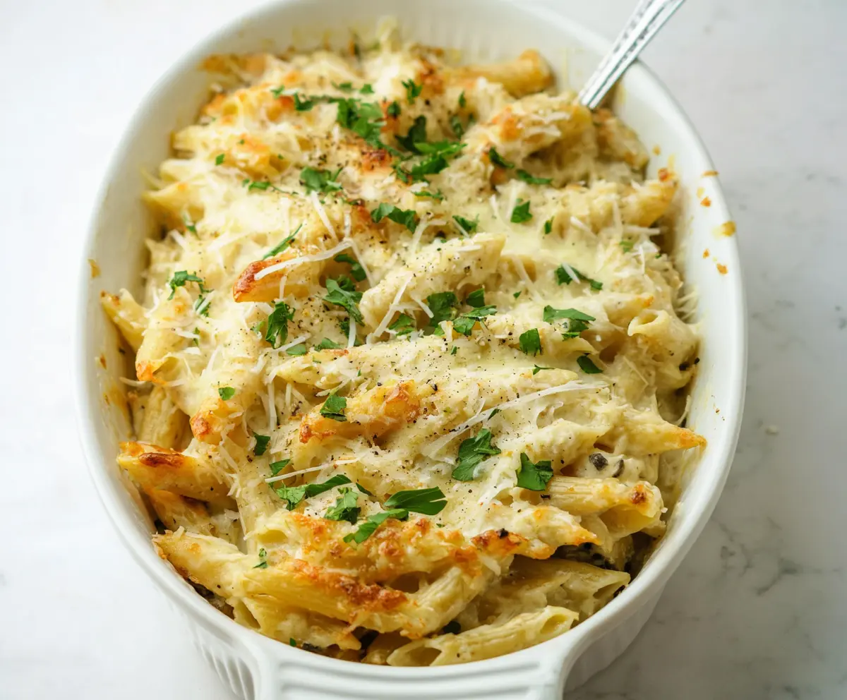 Creamy Cottage Cheese Alfredo Pasta Bake topped with golden cheese and herbs.