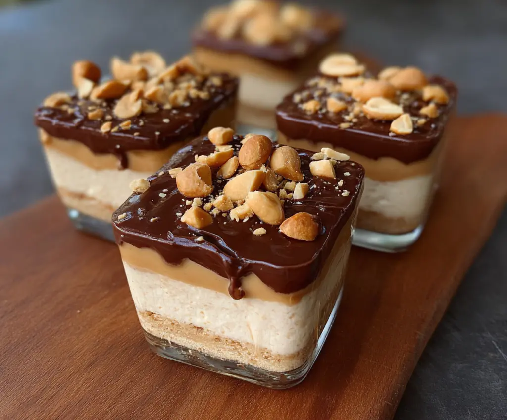 Delicious cottage cheese and peanut butter Snickers dessert showcasing creamy layers and chocolate topping.
