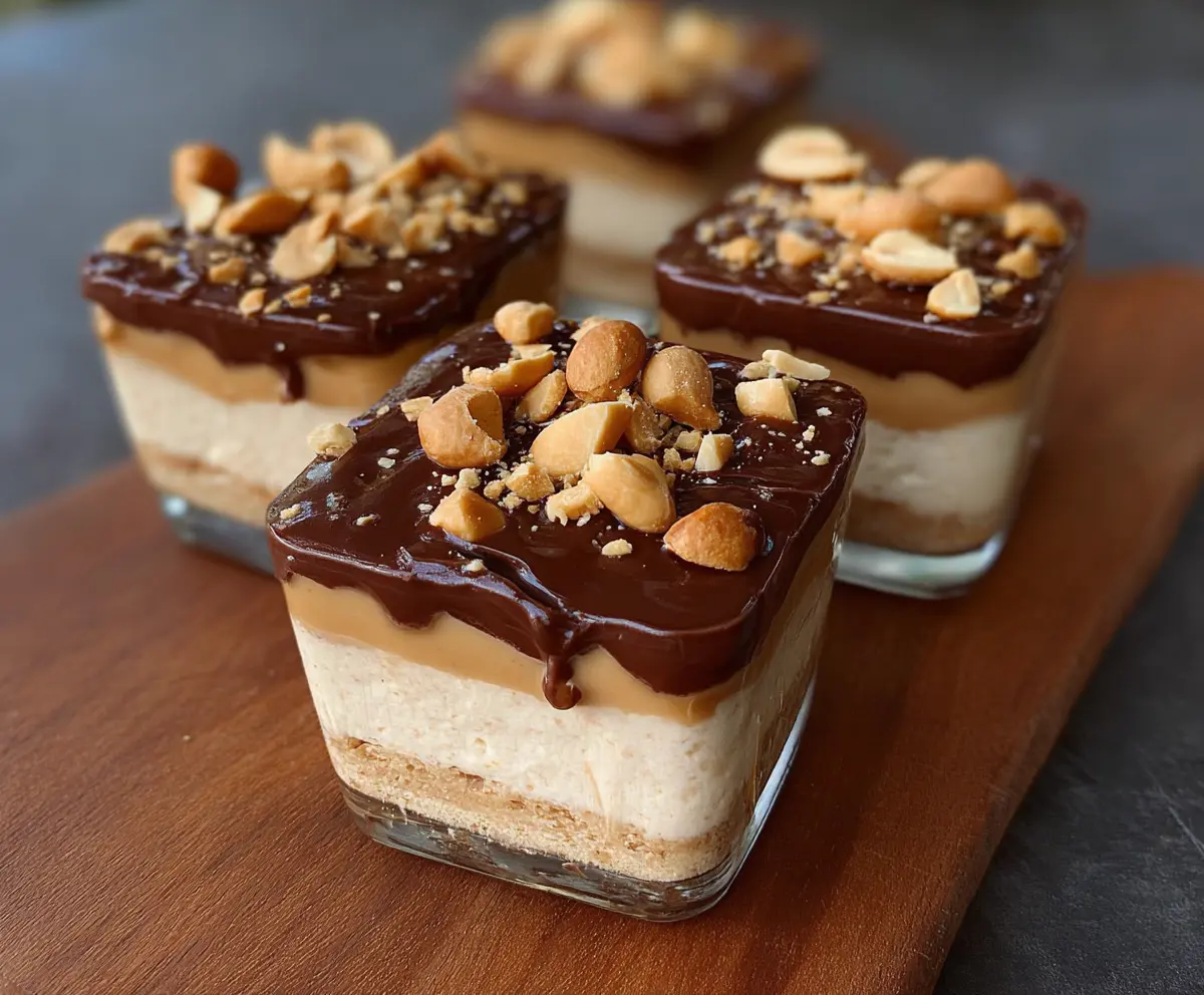 Delicious cottage cheese and peanut butter Snickers dessert showcasing creamy layers and chocolate topping.
