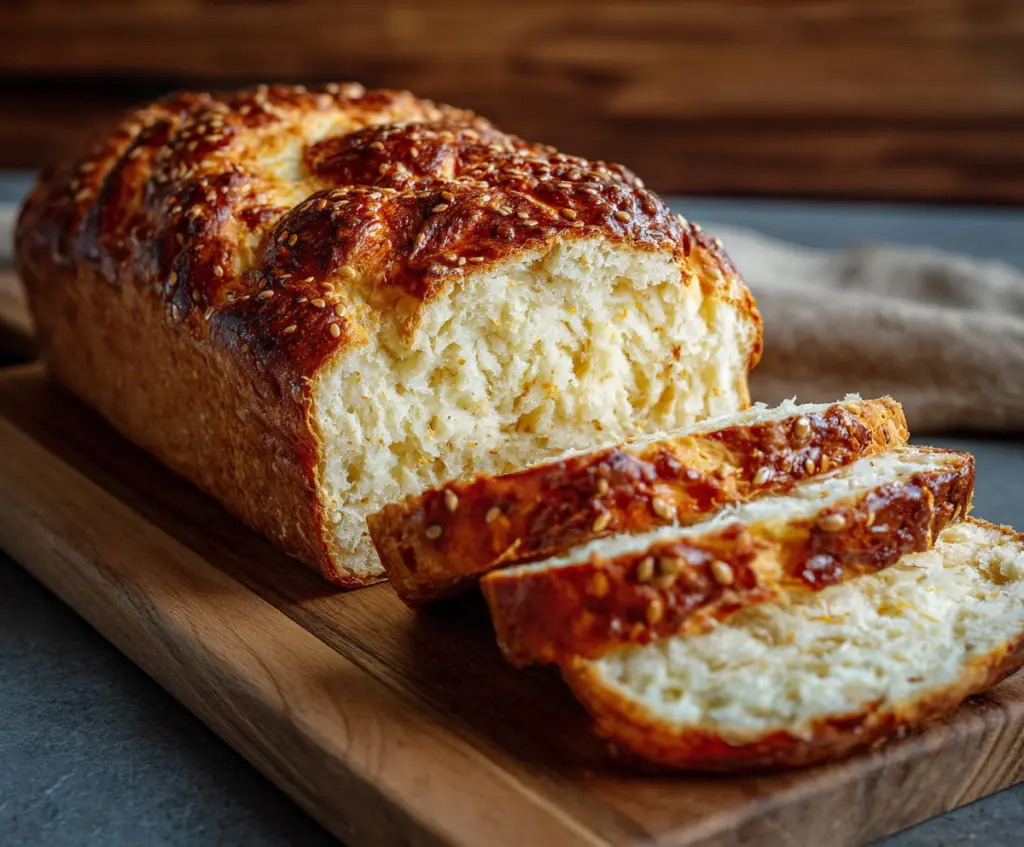 Healthy cottage cheese bread fresh out of the oven, golden brown and soft inside.