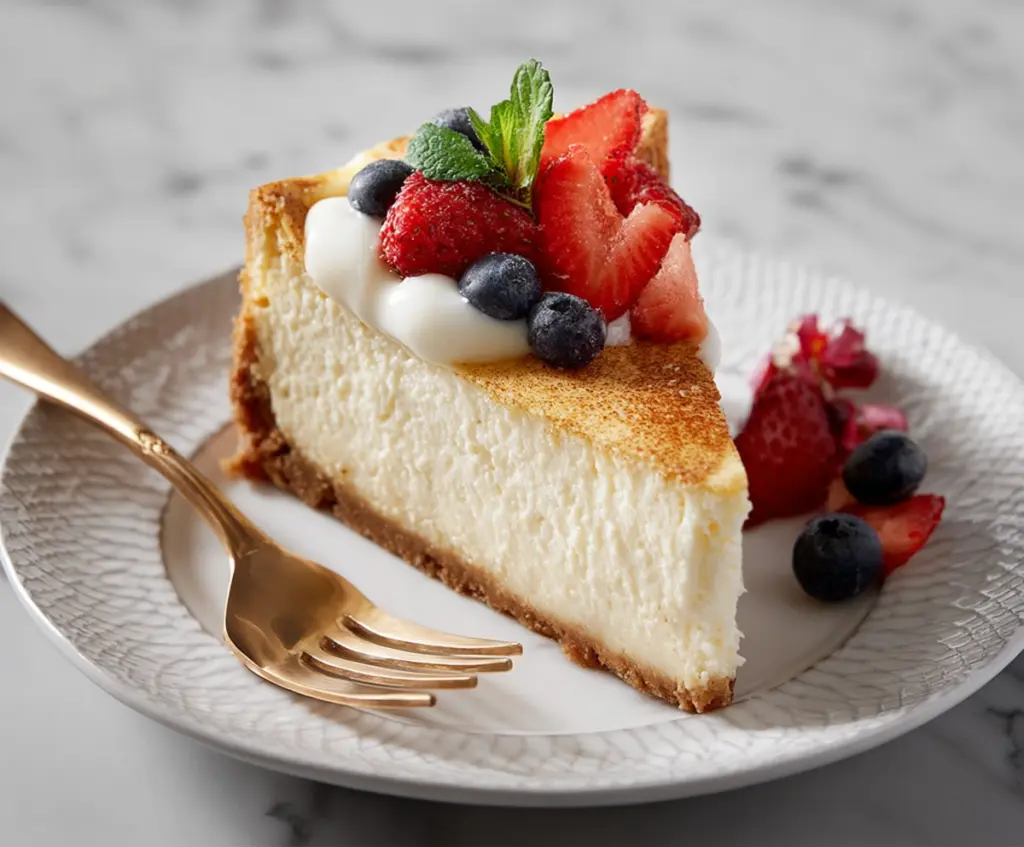 Delicious homemade cottage cheese cheesecake with a creamy texture and fresh fruit topping