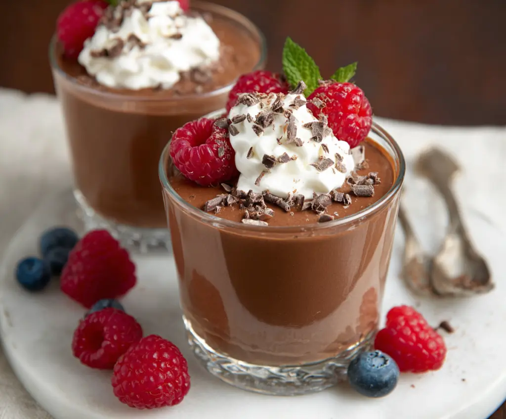 Delicious cottage cheese chocolate mousse served in a glass bowl, garnished with chocolate shavings.