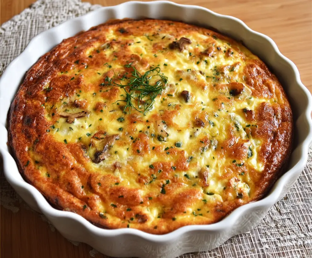 Delicious cottage cheese crustless quiche served on a plate, garnished with fresh herbs.