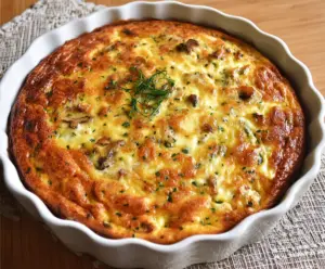 Delicious cottage cheese crustless quiche served on a plate, garnished with fresh herbs.