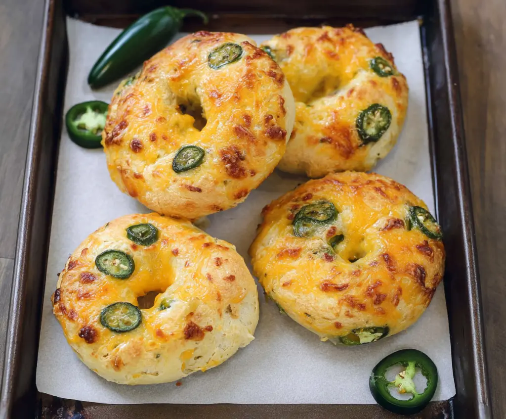 Delicious homemade cottage cheese jalapeño cheddar bagels on a plate, showcasing their cheesy, spicy topping.