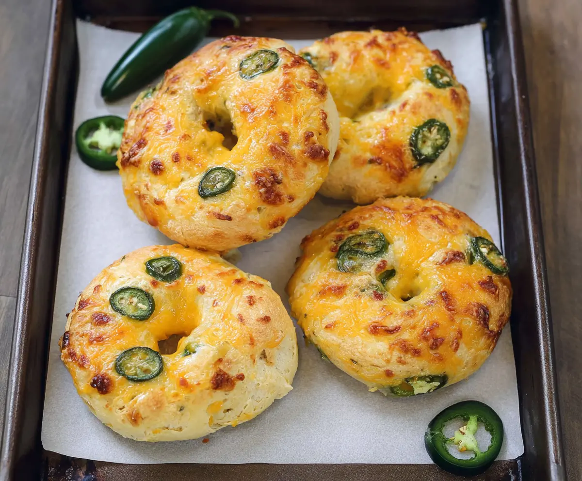 Delicious homemade cottage cheese jalapeño cheddar bagels on a plate, showcasing their cheesy, spicy topping.