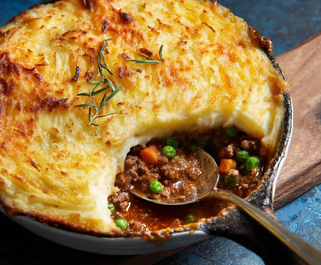 Delicious homemade Cottage Pie with a crispy mashed potato topping and savory meat filling.