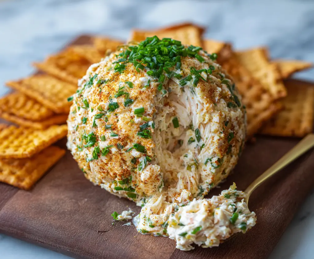 Delicious crab dip cheese ball served as an appetizer with crackers
