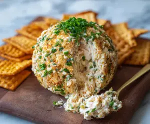 Delicious crab dip cheese ball served as an appetizer with crackers