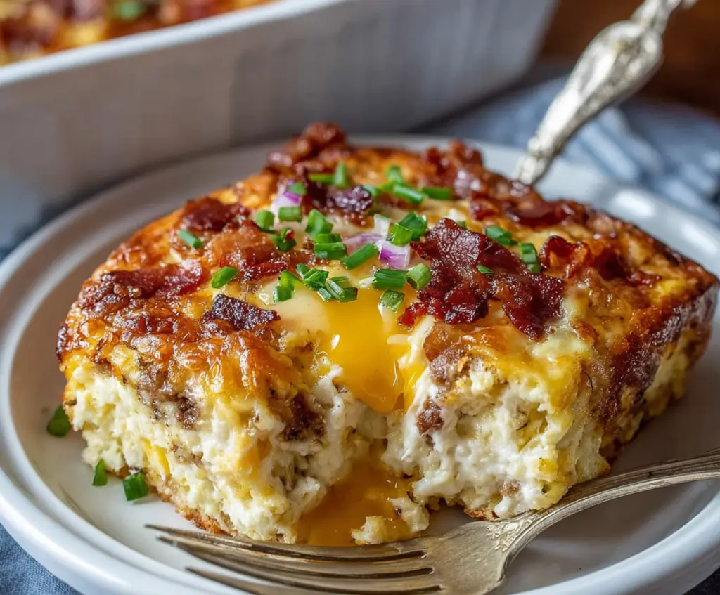 Delicious Crack Breakfast Casserole with eggs, cheese, and breakfast meats served hot.