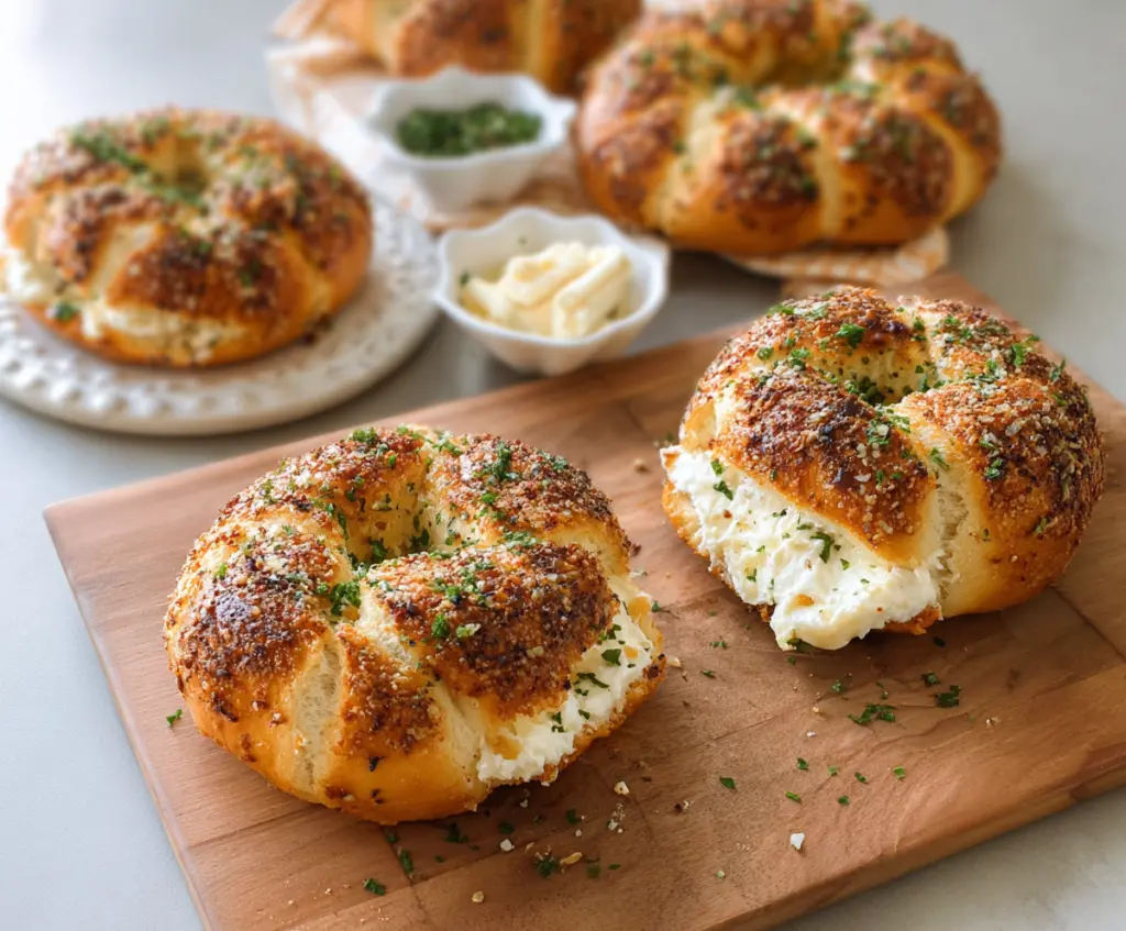 Delicious cream cheese stuffed garlic bagels with a golden crust on a wooden board.