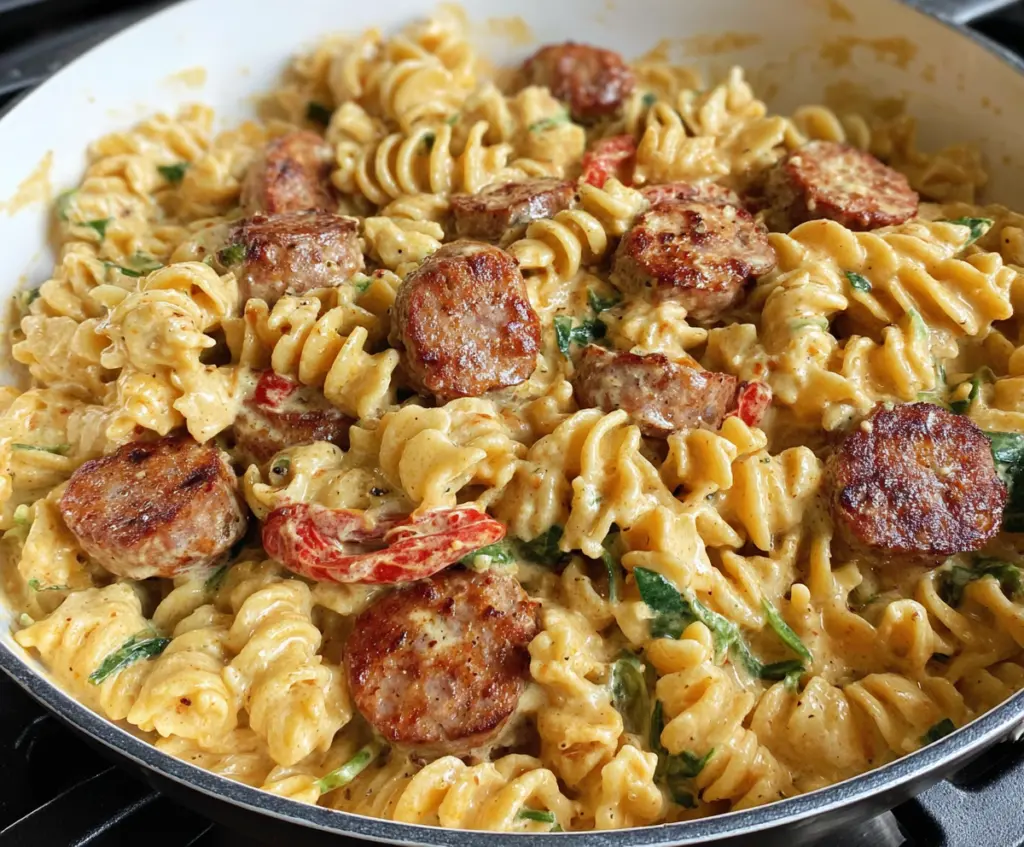 Delicious creamy Cajun sausage pasta served on a plate with vibrant cookout flavors.