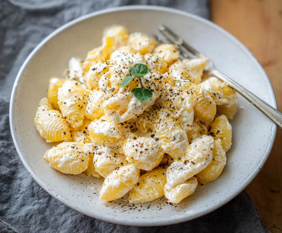 Delicious creamy ricotta pasta garnished with fresh herbs on a rustic wooden table.