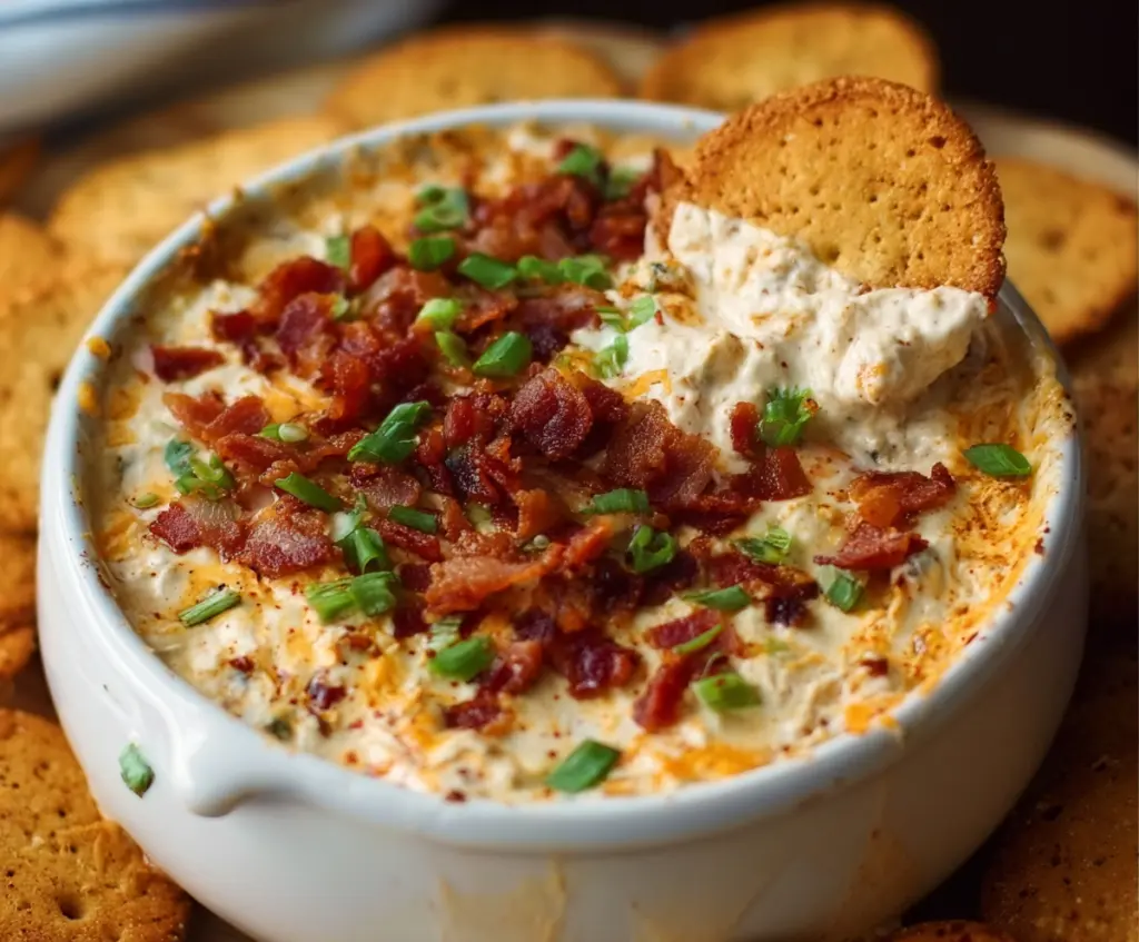 Creamy Crock Pot Crack Dip with cheese, bacon, and green onions served in a white bowl.