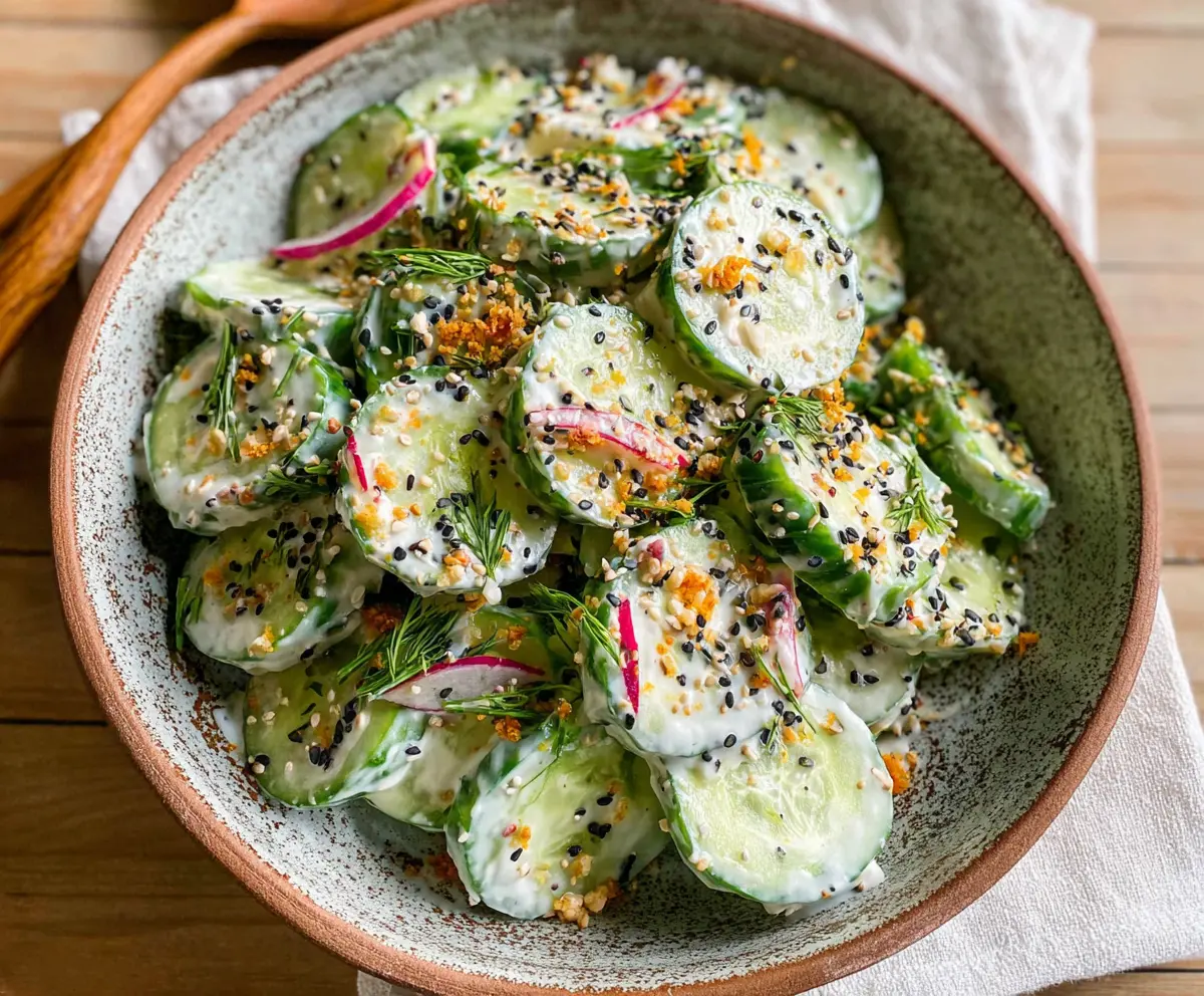 Fresh cucumber and bagel salad with everything bagel seasoning on a white plate.