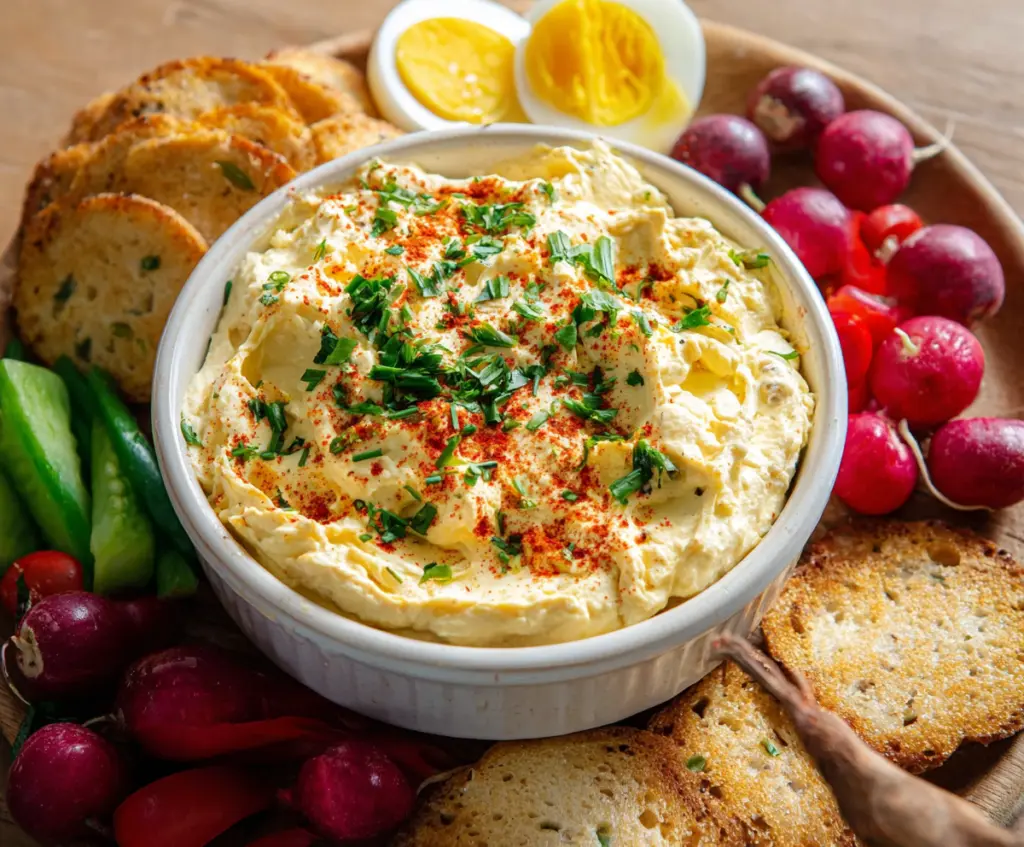 Creamy deviled eggs dip garnished with paprika and chives, perfect for snacks and parties.