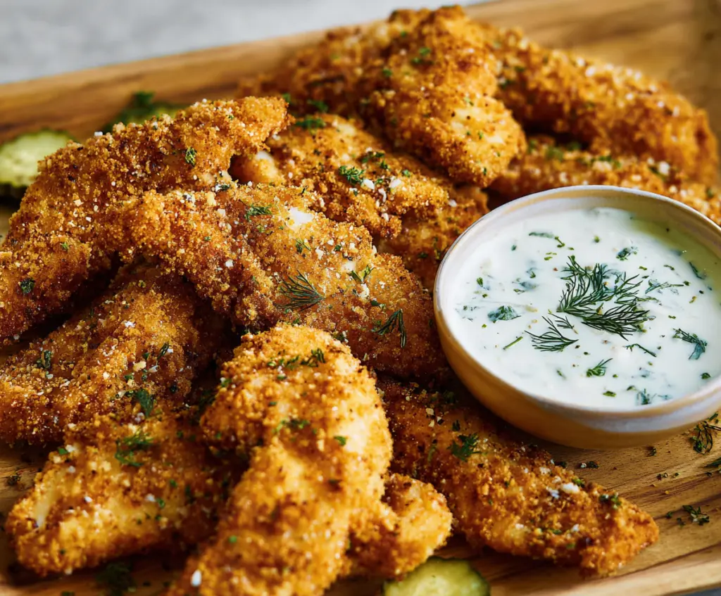 Golden crispy Dill Pickle Ranch Chicken Tenders served with fresh herbs.
