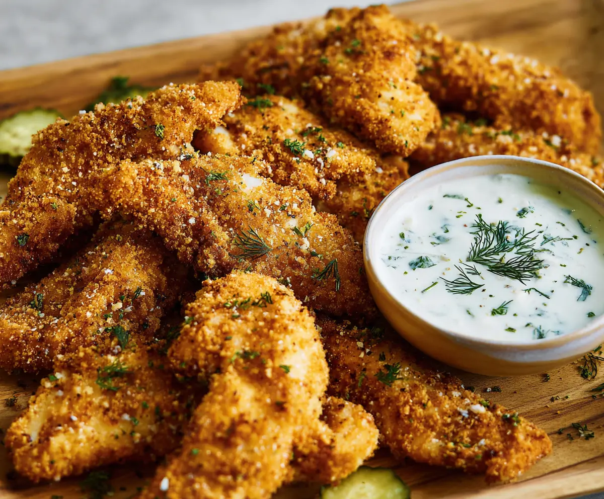 Golden crispy Dill Pickle Ranch Chicken Tenders served with fresh herbs.