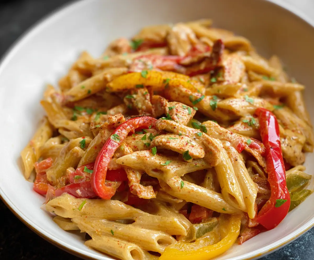 Delicious Fajita Pasta with colorful vegetables, seasoned chicken, and melted cheese on a plate.