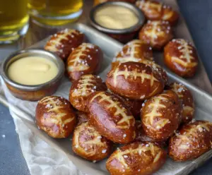 Football-shaped soft pretzel bites served on a platter, perfect for game day snacking.