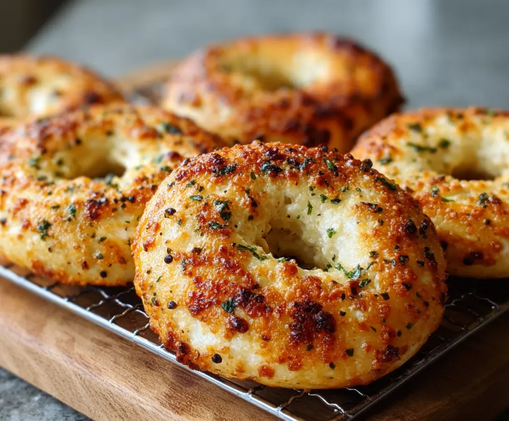 Garlic Parmesan Cottage Cheese Bagels on a plate, showcasing a golden-brown crust with garlic and parmesan topping.