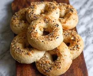 Delicious gluten-free Greek yogurt bagels on a wooden surface, perfect for a healthy breakfast or snack.