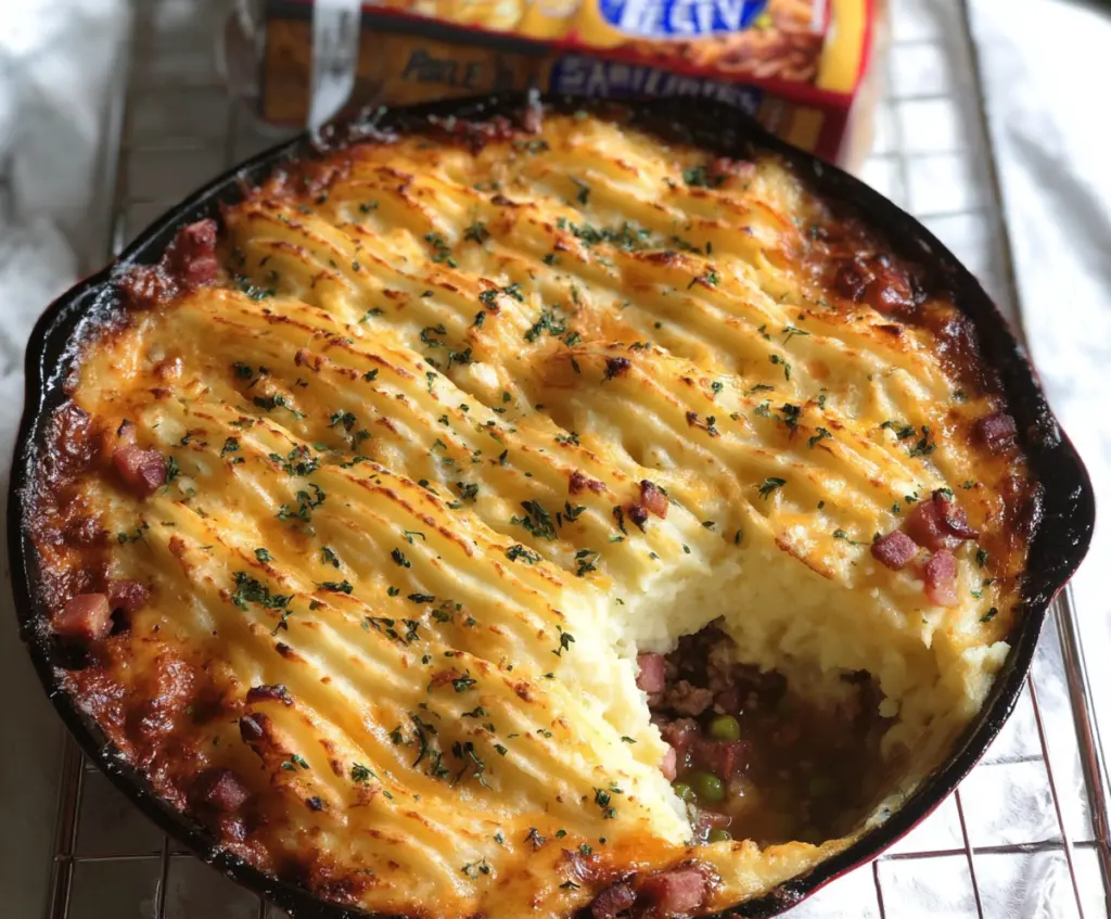 Delicious homemade Ham Shepherd's Pie with mashed potato topping and savory ham filling