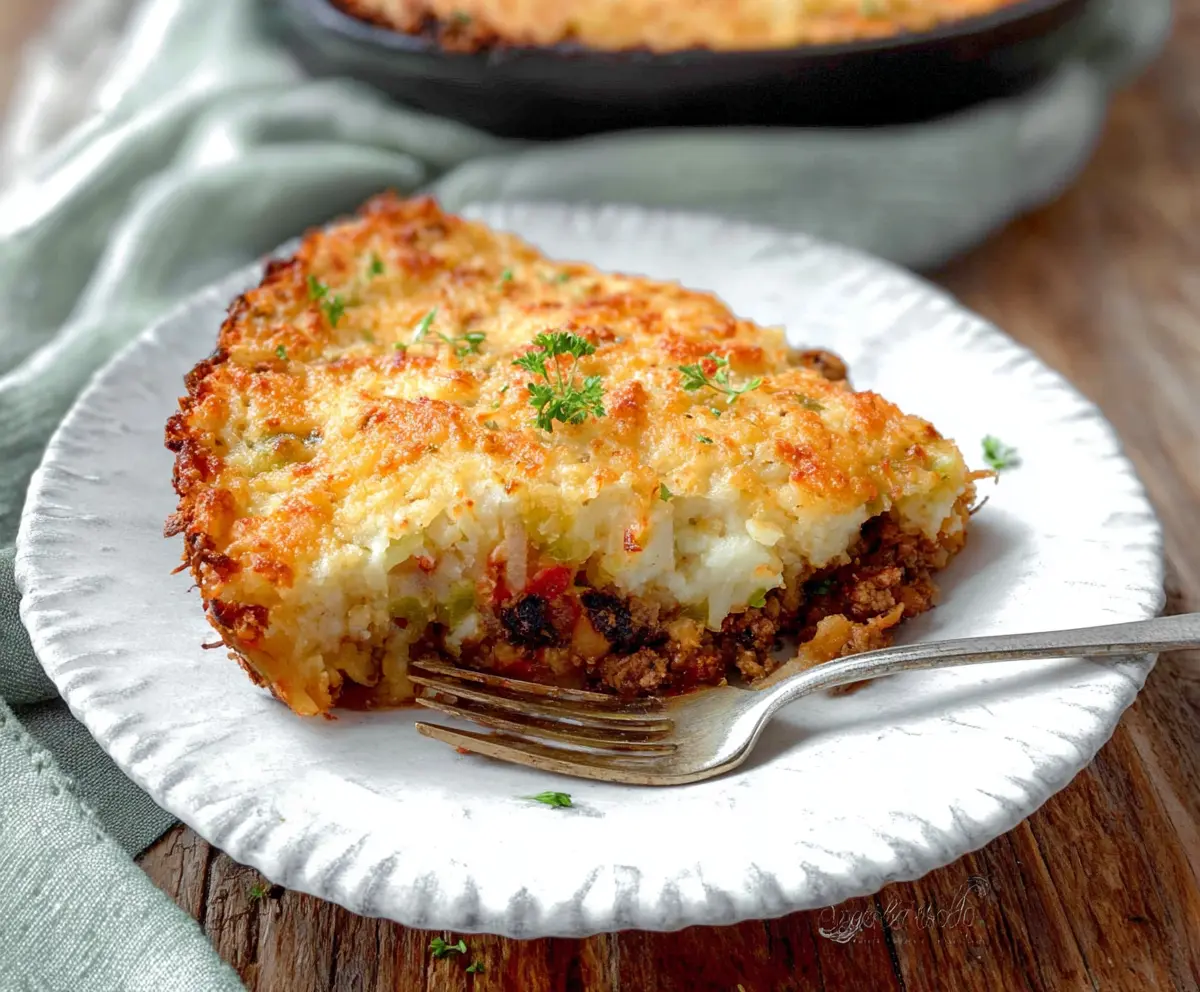 Delicious Hash Brown Shepherd's Pie topped with crispy golden hash browns and savory meat filling.