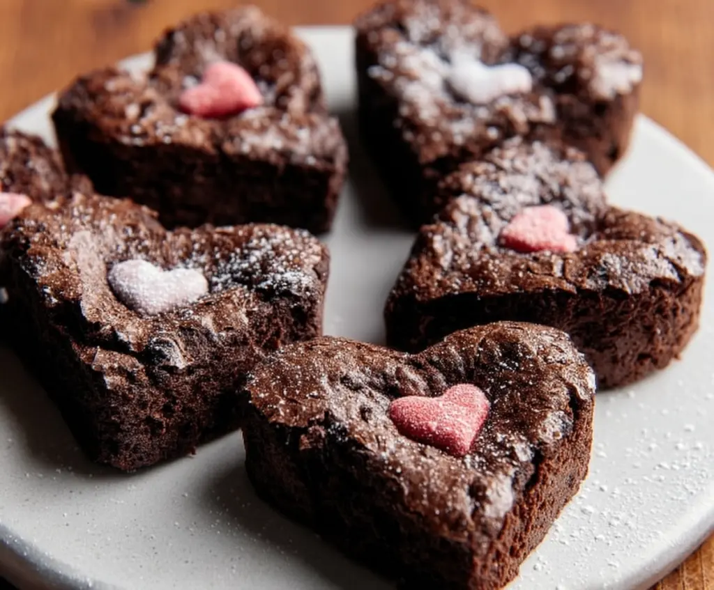Delicious heart-shaped brownies with a rich chocolate finish perfect for Valentine's Day or romantic occasions.