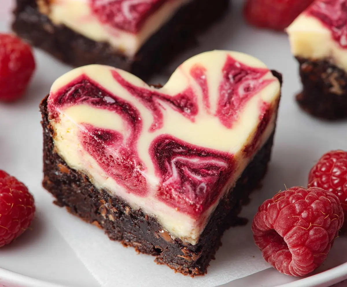 Delicious heart-shaped raspberry cheesecake brownies with a rich chocolate base and fresh raspberry topping.