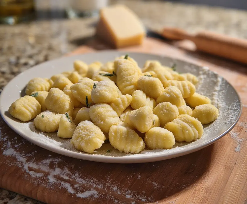 Homemade potato gnocchi served on a rustic plate with fresh herbs.