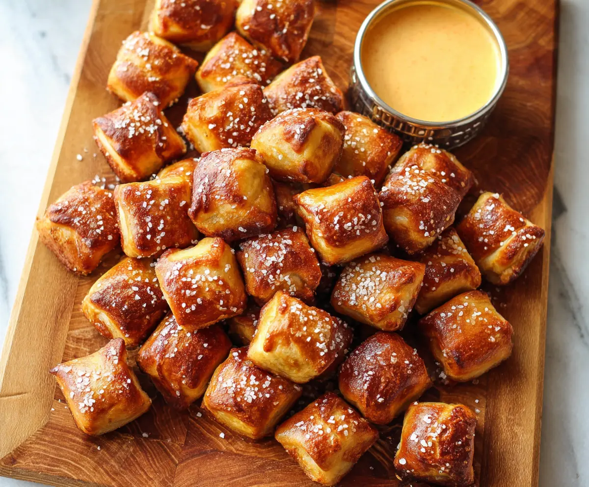Delicious homemade soft pretzel bites sprinkled with coarse salt on a rustic wooden table.